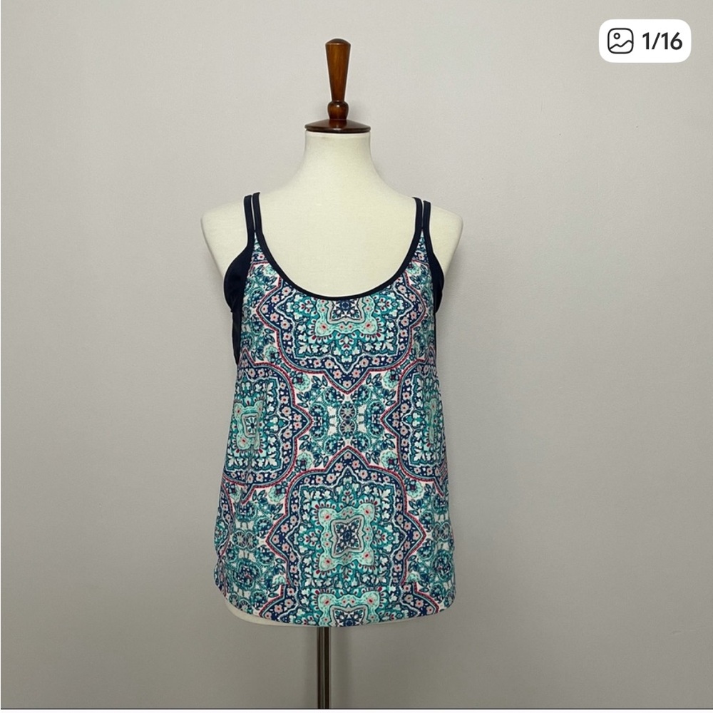 Athleta Tankini Swimsuit Top Monaco Athletic Bra Tank Geometric Blue Green Pink